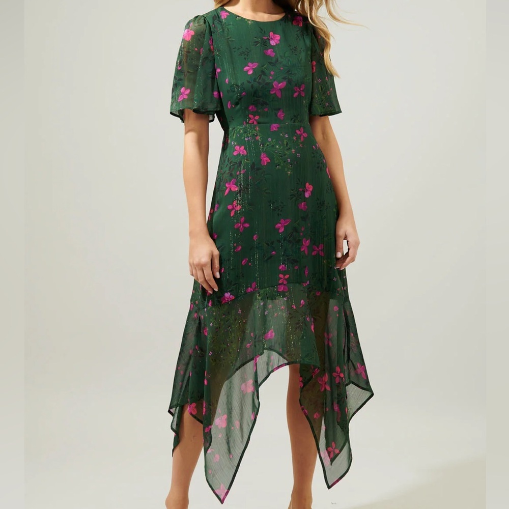 Sugarlips Women XS Juniper Floral Aerin Asymmetrical Flutter Midi Dress NWT